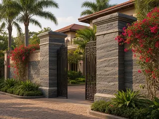 3D Rock Look granite in a compound wall and gate pillars, visualisation