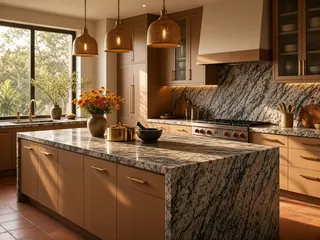 Kingfisher Blue granite in a kitchen, visualisation