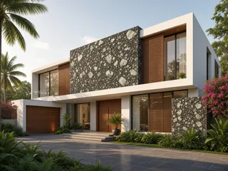Pista Green granite in a house front elevation, visualisation